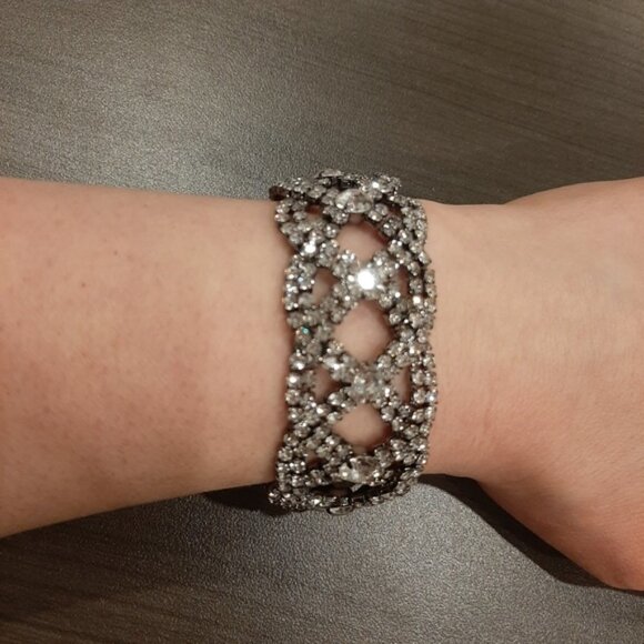 Braided Faux Diamond Bracelet Rhinestone Formal Wedding Woven Chunky Gunmetal - Picture 8 of 12